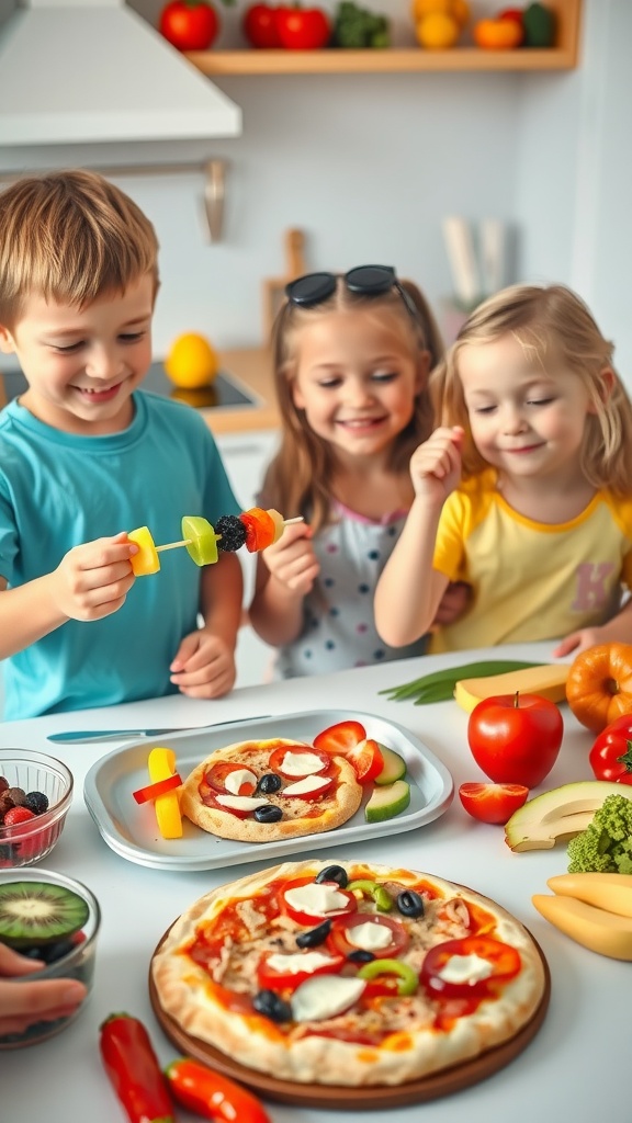 Kids making fruit kabobs and mini pizzas in a vibrant kitchen.